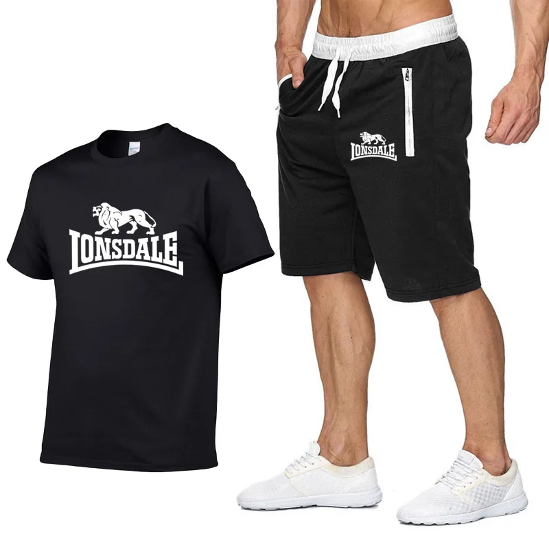 Lonsdale-Nueva camiseta estampada + Pantalones cortos para hombre, ropa deportiva informal para correr explosiones, verano 2020