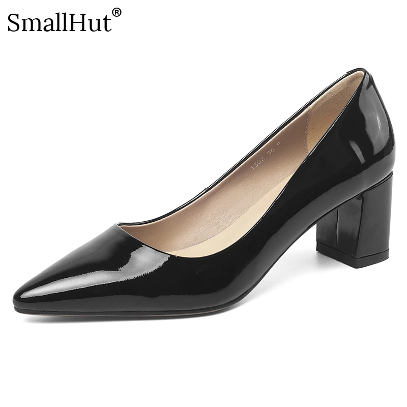 

5.5 cm Heels Women Patent Leather Spring Autumn Woman High Thick Heel G090 Fashion Shoes Sexy Ladies Pointed Toe Black Pumps