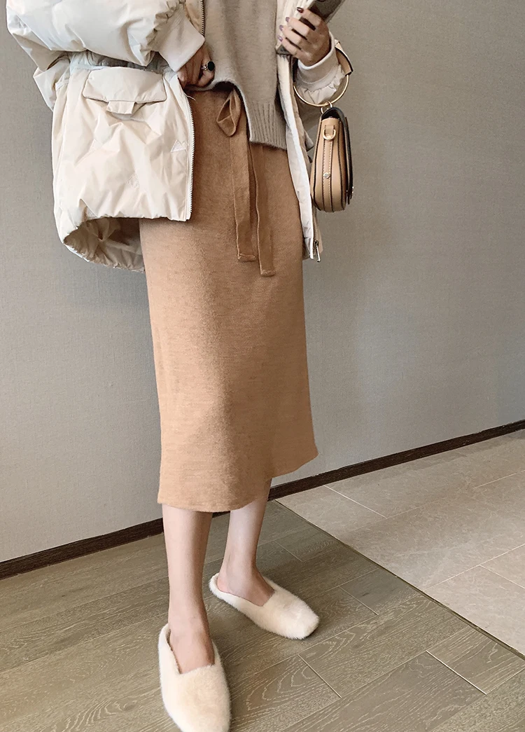 Mishow осенне-зимняя однотонная трикотажная юбка для женщин с высокой талией, эластичная талия, юбка до колена MX19D1862