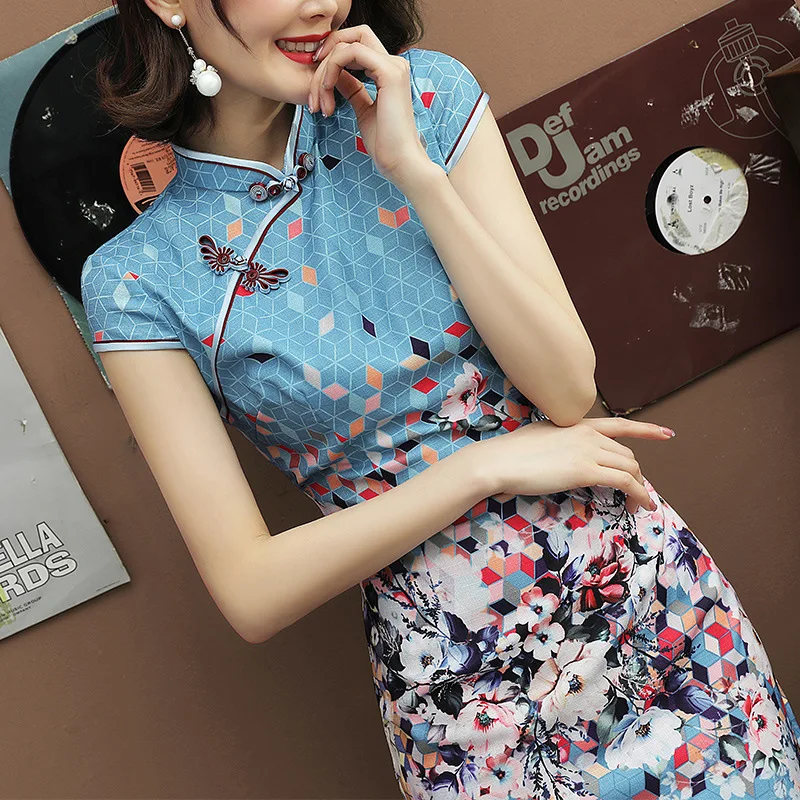 

2019 Spring And Summer New Women Sleeveless Stand Collar Chinese Style Dress Elegent Split Daily Self-cultivation Cheongsam