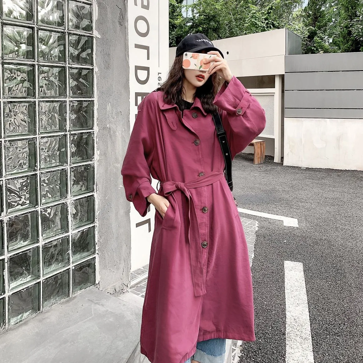 

Photo Shoot CHIC Elegant Purple Sauce Straight-Cut Mid-length Fold-down Collar Single Breasted Slimming Waist Hugging Lace-up Tr