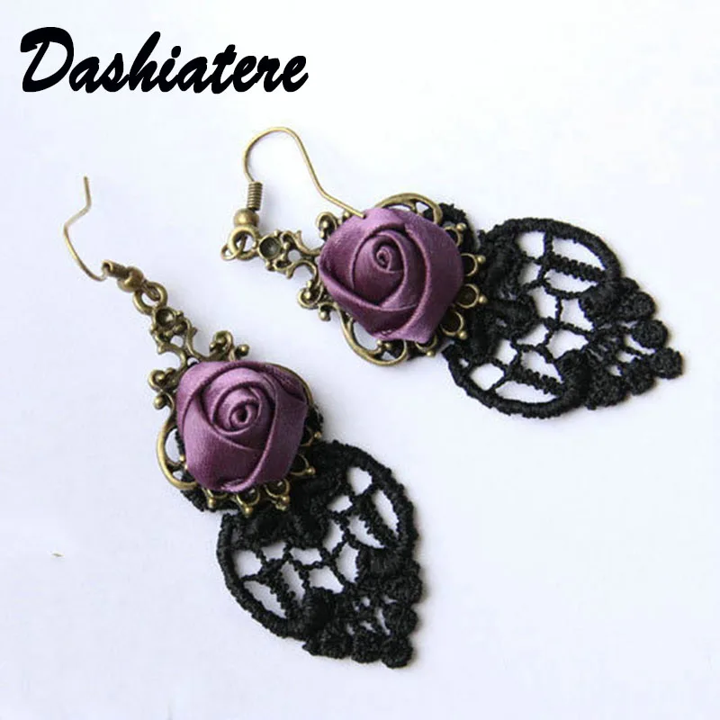 

Retro Purple Rose Dangly Earings Accessories Minimalist Hanging Pendant Earings Black Lace Goth Women Jewelry