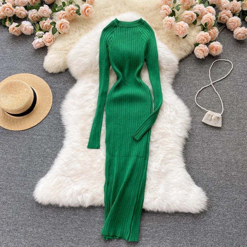 Autumn elegant dresses Office Lady 2021 new female temperament o neck sexy waist hips elastic bright silk knitted dress women | Женская