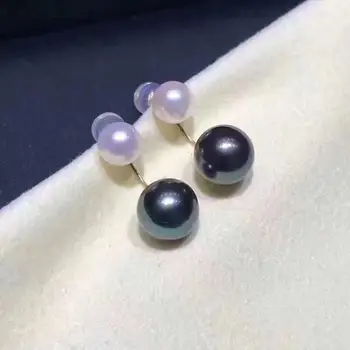 

free shipping pair of 6-11mm south sea round white black pearl earrings 18k