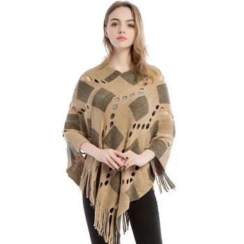 

New check and hole design t cashmere pullover r color matching fringed cape tassel shawl and ponchos