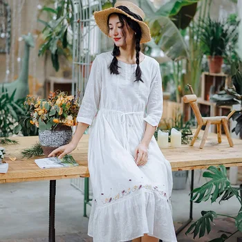 

NINI WONDERLAND Women's Dresses Spring 2020 Cotton White Dress Female Summer Embroidered Elegant Dress Ladies High Waist Clothes