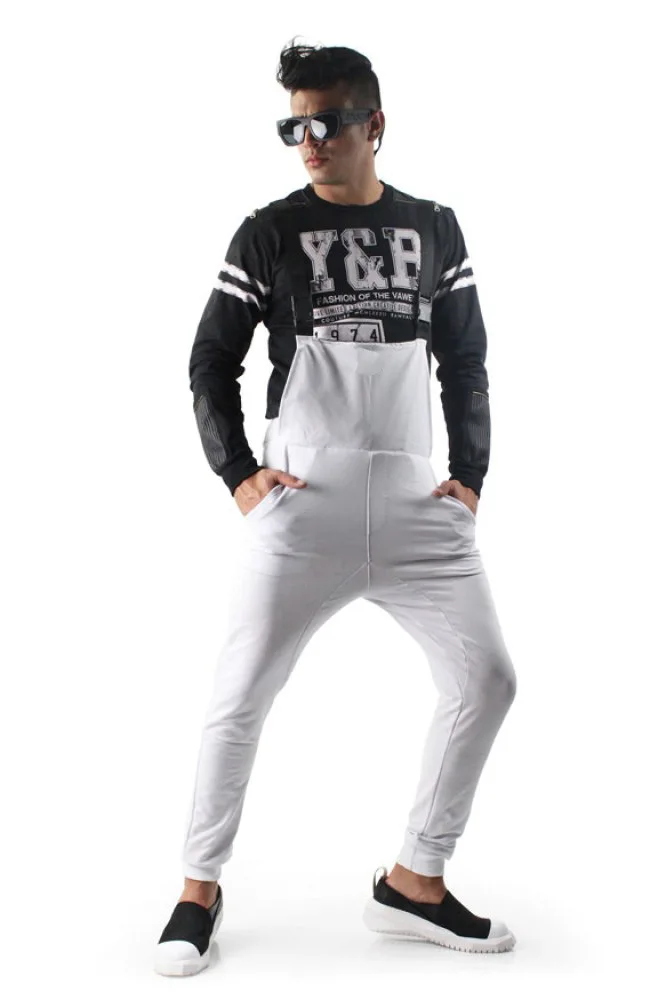 Новые мужские повседневные Комбинезоны в стиле хип-хоп Уличная одежда с карманами Свободный крой комбинезон брюки на подтяжках мужские длинные велошорты комбинезон больших размеров - Цвет: Белый
