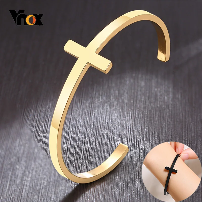 Vnox Stylish Cross Bangle for Women Men Glossy Stainless Steel Cuff Bracelet Unisex Religious Faith Jewelry | Украшения и
