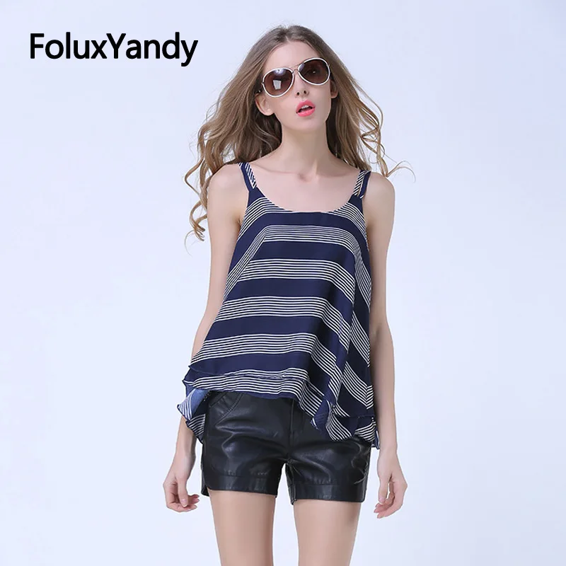 

Stiped Chiffon Tops Sleeveless Women Camis Plus Size Tanks Casual Summer Tops Blue White YWS54