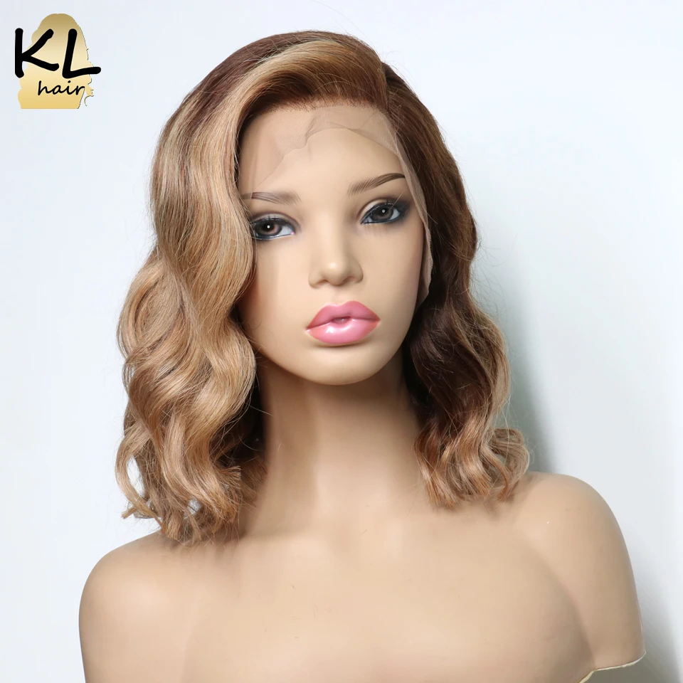 KL Ombre Цветные человеческие волосы на кружеве для женщин T4/27 медовый блонд волнистый боб парик бразильские волосы remy 13x4 180% Плотность