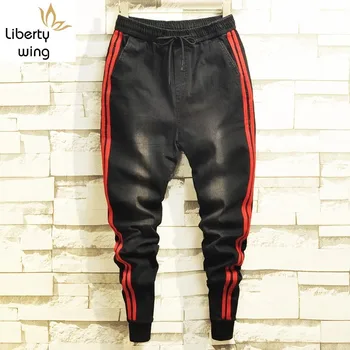 

Autumn New Side Striped Elastic Waist Black Denim Pencil Pants Men Fashion Casual Slim Fit Korean Jeans Male Brand Clothing