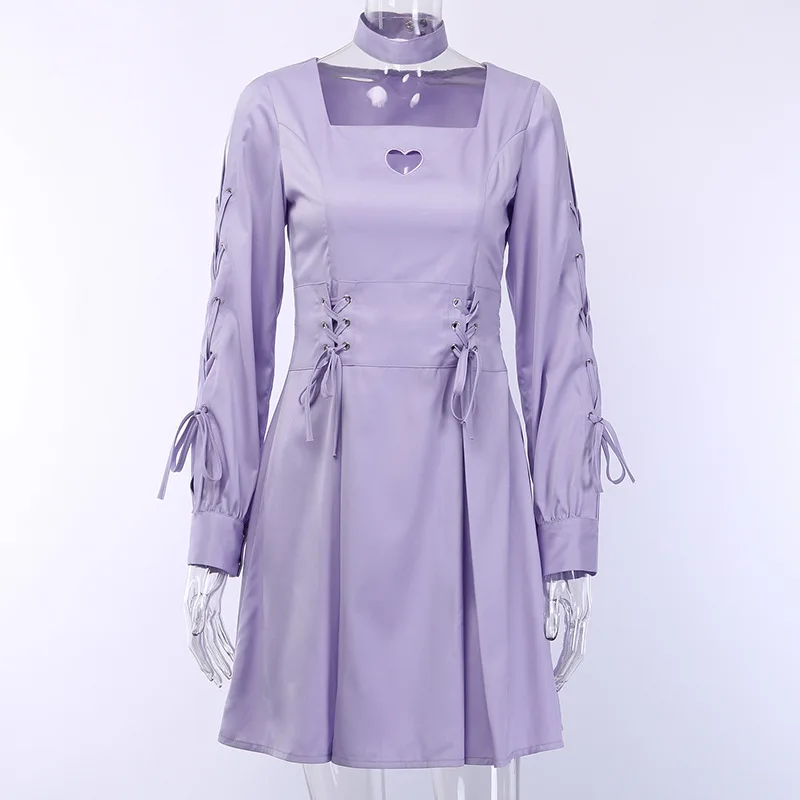 Fitshinling Готическая шнуровка чокер платье Осень Зима Тонкий гранж плиссированные