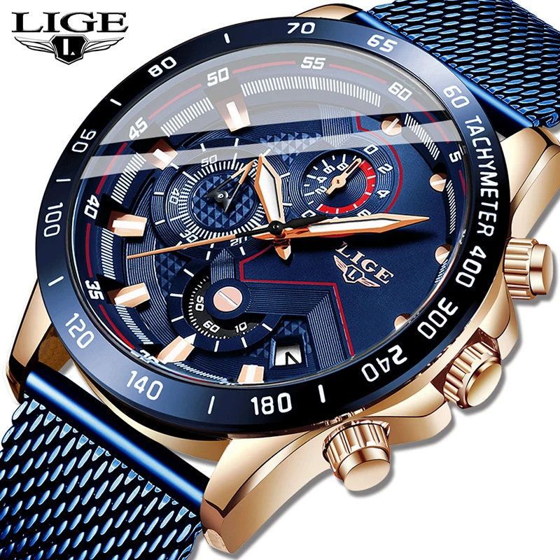 $16.79 Lige Fashion New Mens Watches Brand Luxury Wristwatch Quartz Clock Blue Watch Men Waterproof Sport