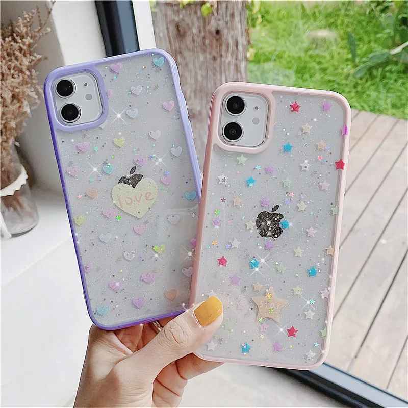 

Luxury Love Heart Star Case For iPhone 11 Pro Max 8 7 Plus X XS Max XR SE2020 Soft Silicone Glitter Transparent Phone Cover