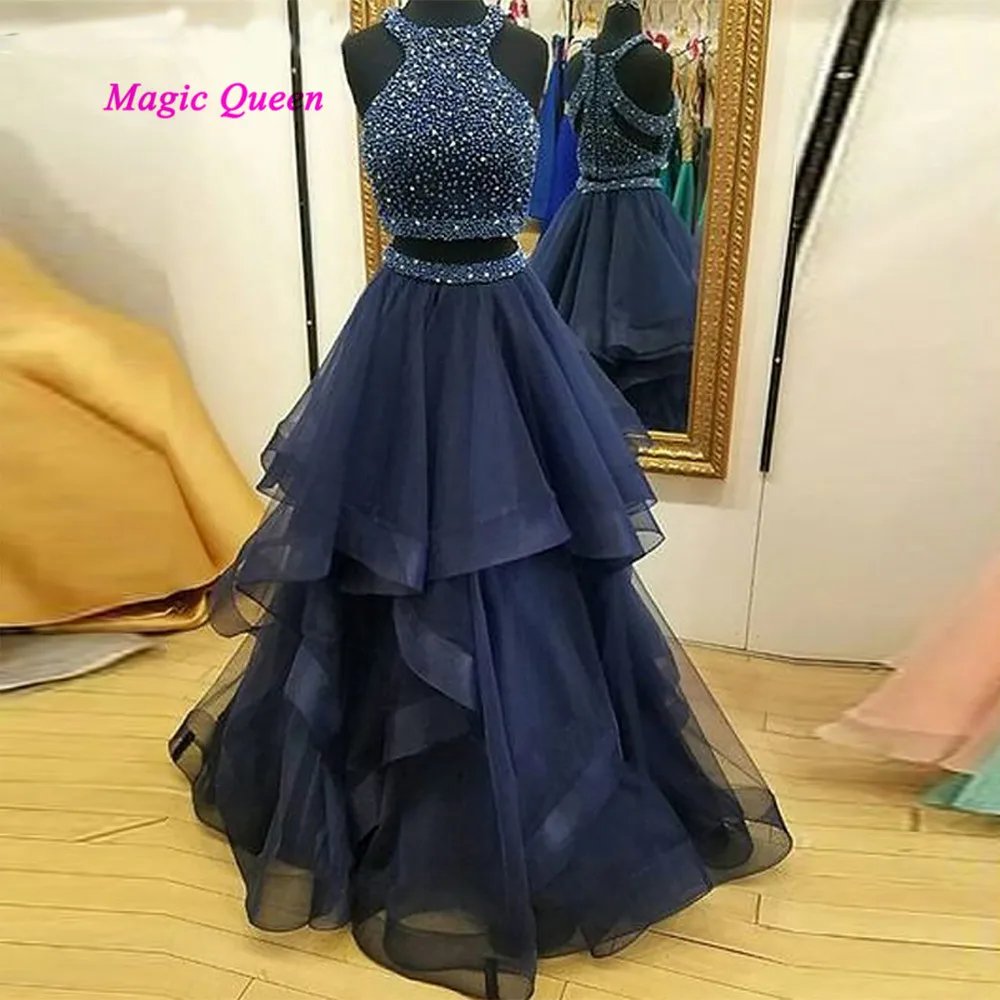 

Sexy Navy Blue Two Piece Prom Dresses Pearls Beads Long Ruffles Formal Evening Special Occasion Gowns 2020 Vestidos de Gala