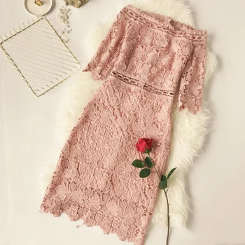 

Lace Dress Sexy Slash Neck Short Sleeves Summer Slim Holiday Party Sundress Woman Cloth Vintage Elegant Office Tiered Wrap Mini