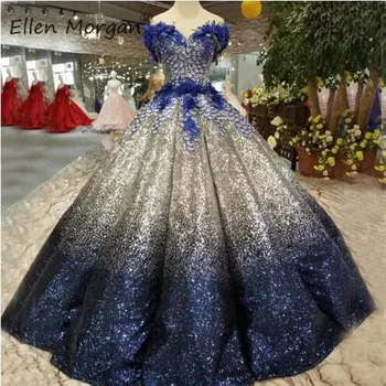 

African Glitter Gradient Prom Dresses 2019 Applique Off Shoulder Sequins Floor Length Quinceanera Pageant Ball Gowns For Arabic