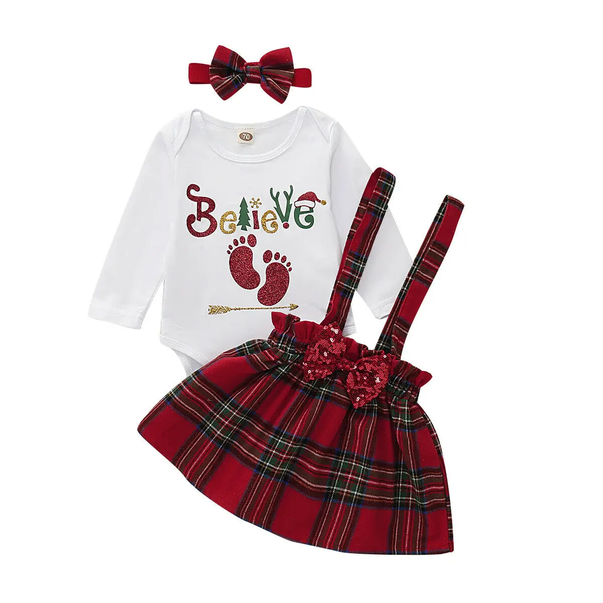 Рождественские топы для новорожденных девочек, боди с блестками и бантом, платье в клетку юбка на подтяжках+ повязка на голову, Рождественский комплект одежды принцессы - Цвет: Красный