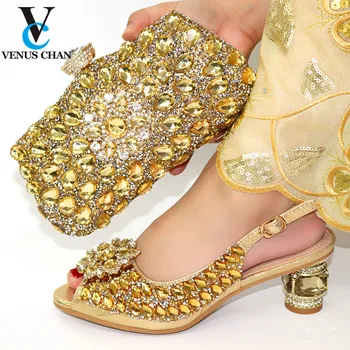 

New Arrival Summer Gold Color Sandals Shoes And Bags Set Fashion African Women High Heels Shoes And Bag Set For Evening Party