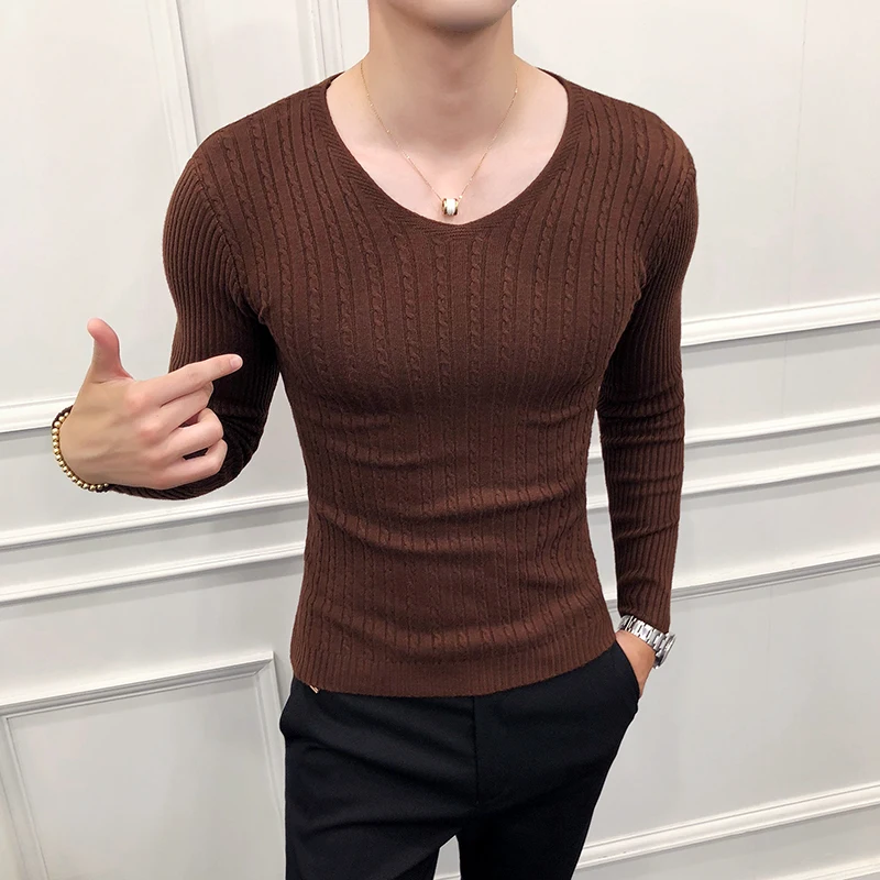 Hot Sale Men Casual Sweater Fashion Long Sleeve Pull Homme Streetwear Slim Fit V Neck Knitting Sweaters Mens Clothing 2XL - Цвет: Coffee