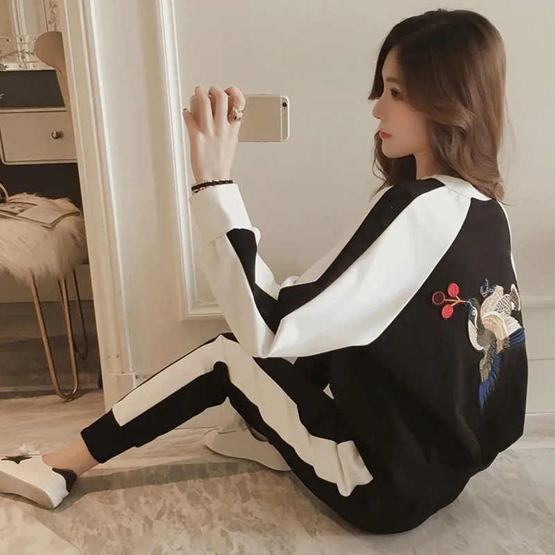 

Womens Tops + Pant Clothing 2PCS Set Warm Women Ladies EmbroideryTracksuit Set 2pcs Tops Pants Suit