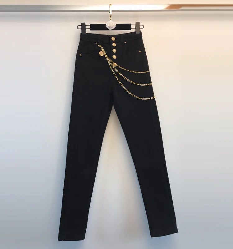 Gold chain waist chain solid color stretch Slim jeans women new autumn pencil pants