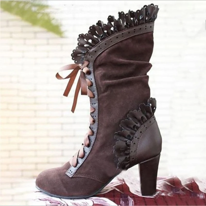 Cosplay Gothic Block Heel Boots Women Vintage Gothic Faux Suede High Heel Boots Ladies Lace Up Mid Calf Pointed Toe Booties D20 - Цвет: Коричневый