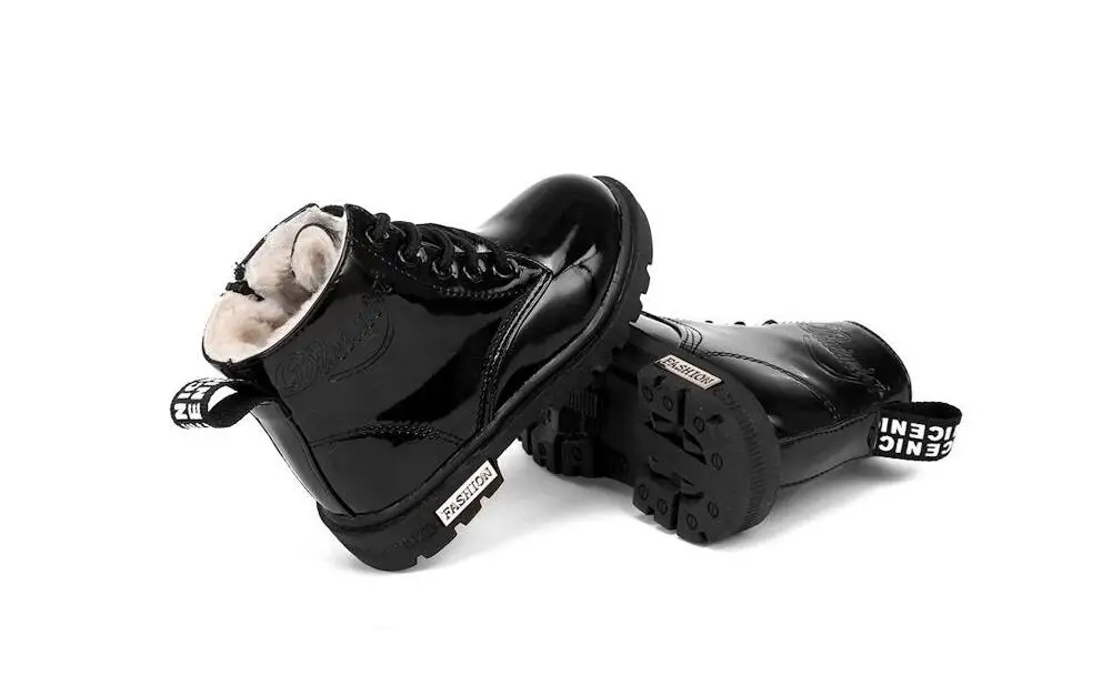 Размер 21-36, Детские водонепроницаемые лыжные ботинки, теплые плюшевые ботинки для девочек, детские ботинки на шнуровке с боковой молнией, Блестящие ботильоны из искусственной кожи для мальчиков