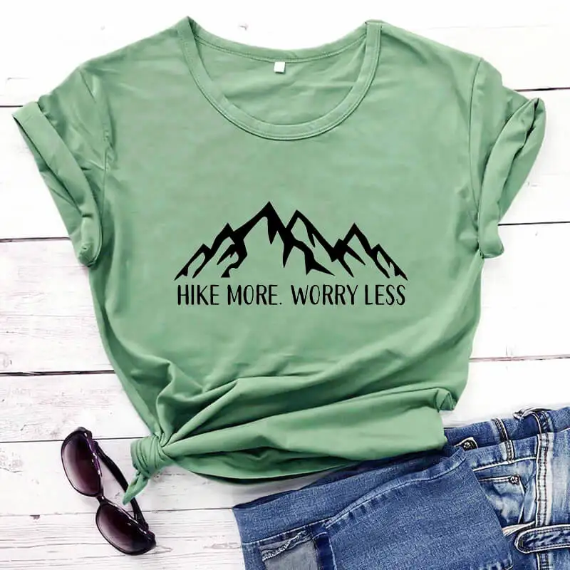 

Hike More Worry Less New Arrival 100%Cotton Funny T Shirt Mountains Tee Adventure Shirt Travel Shirt Explorer Shirts Dropship