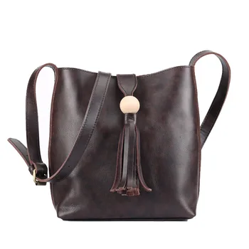 

Vintage 100% Natural Cow Leather Women Crossbody Bags Genuine Leather Wooden ball Tassel Shoulder Sling Beg