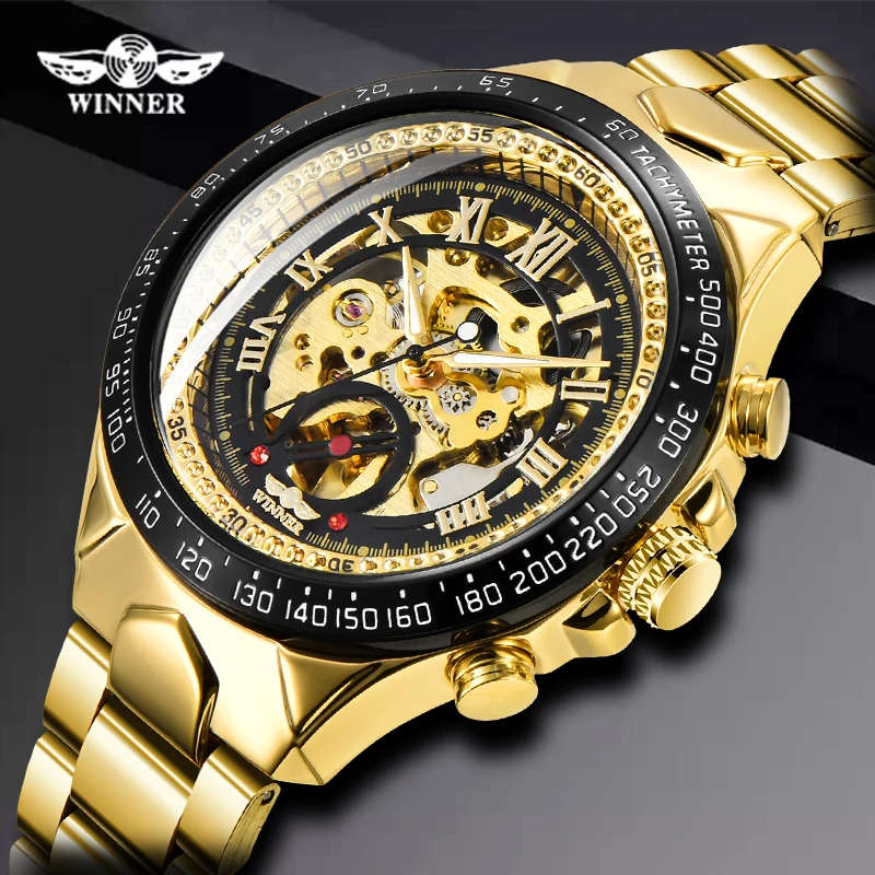

Winner Mechanical Sport Design Bezel Golden Watch Mens Watches Top Brand Luxury Montre Homme Clock Men Automatic Skeleton Watch