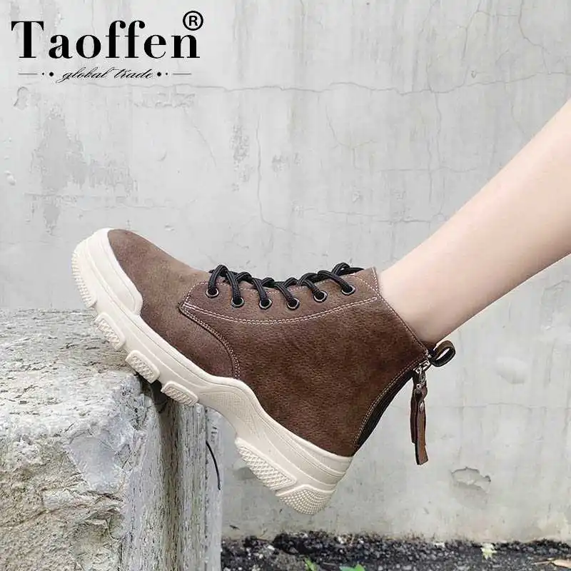 Taoffen/; Новое поступление; Зимние ботильоны; женская теплая Модная Повседневная обувь на плоской подошве; кожаная однотонная обувь; Размеры 35-40