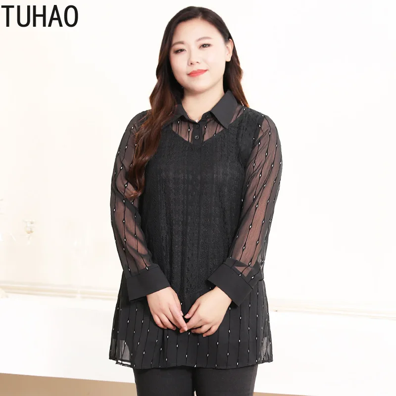 

TUHAO ELEGANT Office Lady Blouse Mother Cothing Oversized 10XL 8XL 6XL Women's Long Sleeve Black Patchwork Shirt Top WM04