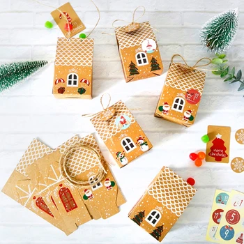 

24 Sets Christmas House Gift Box Kraft Paper Cookies Candy Bag Snowflake Tags 1-24 Advent Calendar Stickers Party Supplies