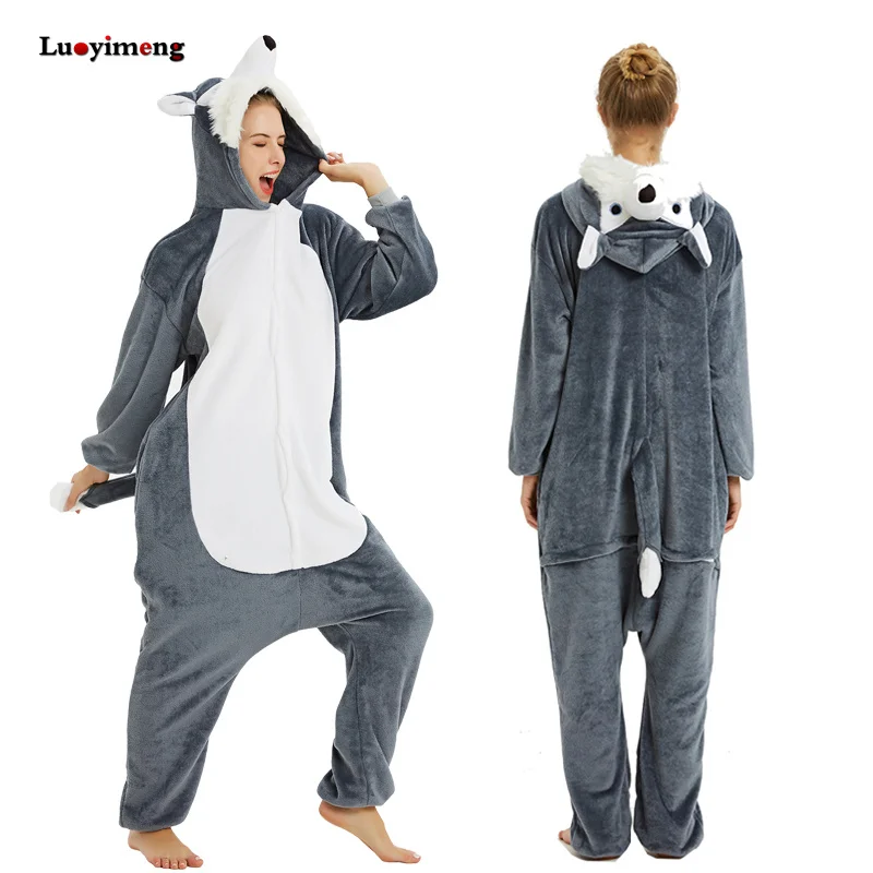 wolf Animal Kigurumi Unicorn Pajamas Set Winter Warm Pyjamas Women Adult Unisex Stitch Panda Pijimas Hooded Women Sleepwear Nightwear - Цвет: wolf