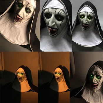 

Halloween Nun Horror Mask LED light Cosplay Valak Latex Masks With adjustable Headscarf Halloween Party Props Items for pranks