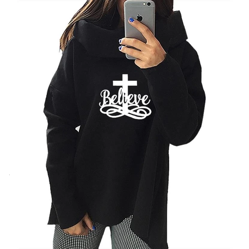 

Believe Letters Print Turtleneck Cross Hoodies For Women Kawaii Tops Jesus Bible Faith Sweatshirt Woman Loose Female Creative