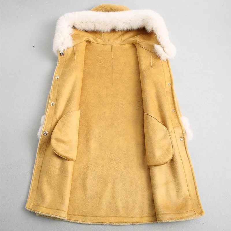 

Real Wool Fur Coat Sheep Shearing Jackets Natural Fox Fur Collar Hooded Long Winter Jacket Women Mink Cuff 38374 WYQ