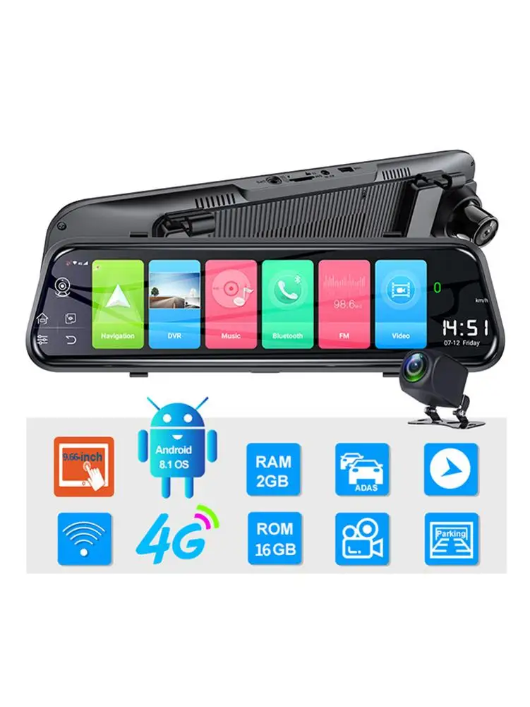 

4G Android 8.1 9.66 Inch Dash Cam ADAS WIFI Dual Video Recording 1080P Lens RAM2G ROM16G GPS Navigation Driving Recorder