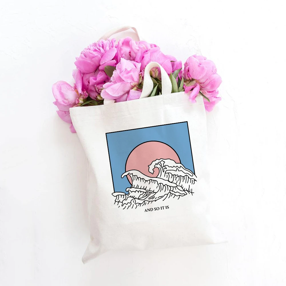 

And So It Is Ocean Wave Aesthetic College Canvas Shoulder Bag Fashion Tumblr Graphic Large Capacity White Totes Print Bags