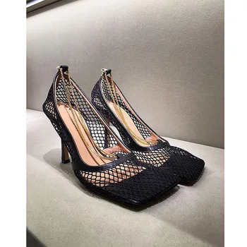 

Lace mesh top high heel small square head sandals ins hot selling net Red Wind Tunnel style personality women's shoes Ashui the