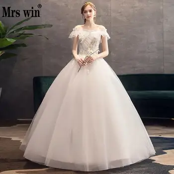 

Wedding Dress 2020 Elegant Boat Neck Floor-length Lace Up Ball Gown Lace Embroidery Princess Vintage Wedding Dresses