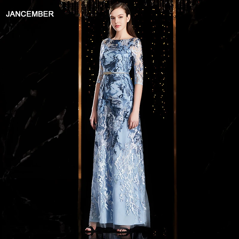 

Jancember Blue Evening Dress Plus Size Zip Back Evening Dress 2020 Embroidery Lace Vestido Noche Talla Grande