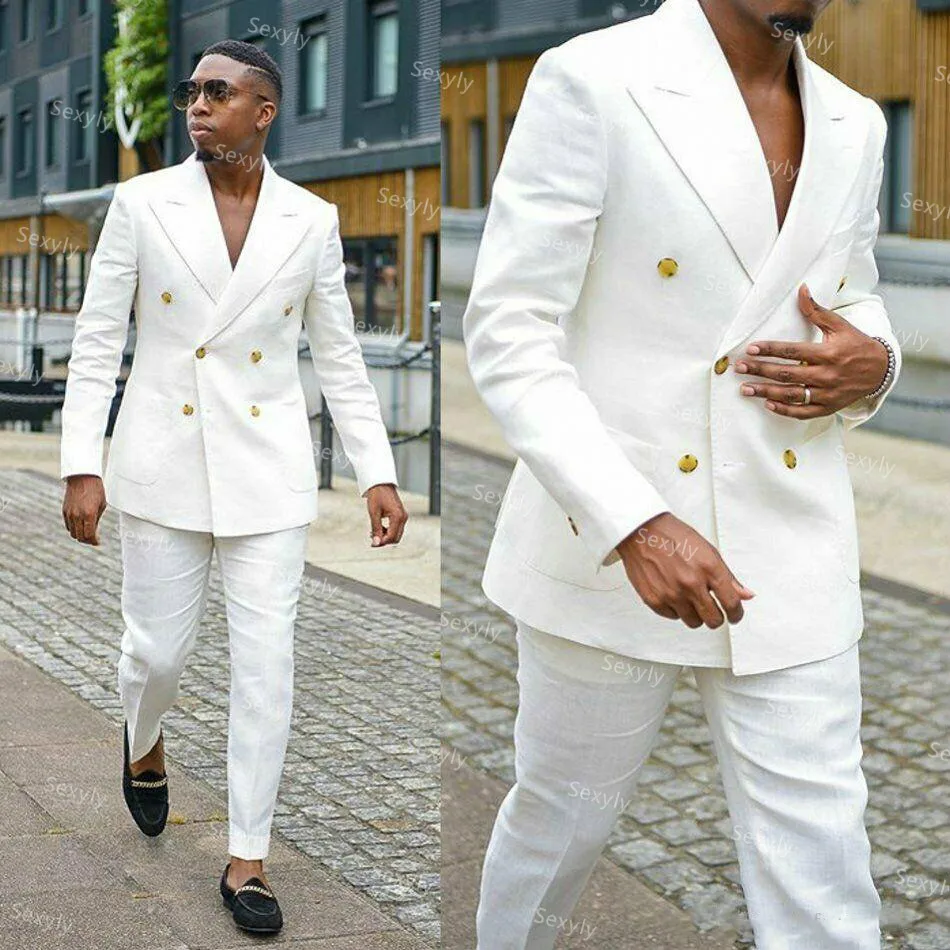 

Handsome White Double Breasted Suits For Men Wedding Party Wear Blazer Two Piece Bussiness Man Formal Outfit Classic Male Suit