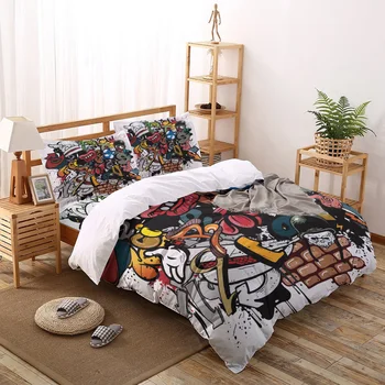 

Mouth Teeth Helmet Skull Monster Eyes Letters Bricks Cartoon Printed Duvet Cover Set 4 Piece Bedding Set Customizable