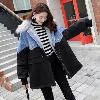 

2019 Winter Women With Fur Denim Parkas New Detachable Large Fur Collar Cotton Denim Jacket Plus Velvet Thick Cotton Coat JIA503