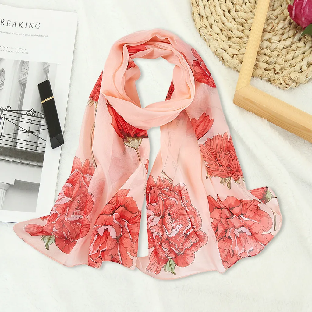 

2019 Women Scarf Chiffon Long Floral Print Scarf Wrap Summer Ladies Shawl Large Silk Scarves Female Flower Red Pink Scarf Shawl