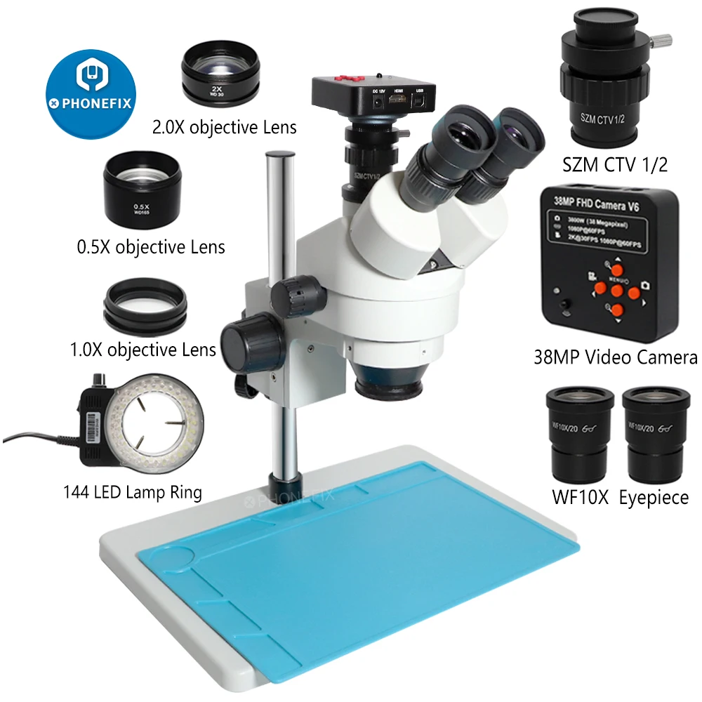 3.5X-90X Simul-Focal Stereo Trinocular Microscope 38MP 2K 1080P HDMI USB Video Camera 1/2 CTV Adapter Barlow Lens ESD Work Mat |