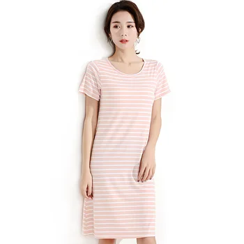 

2020Spring and Summer Modal Ladies Nightdress with Chest Pad Short Sleeve Striped Nightdress Home Service Sleep Tops Night Gowns
