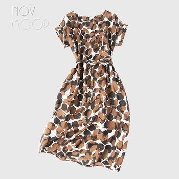 

Novmoop high street casual round leaves printed style women summer autumn coffee color natural silk dress robe femme LT3108